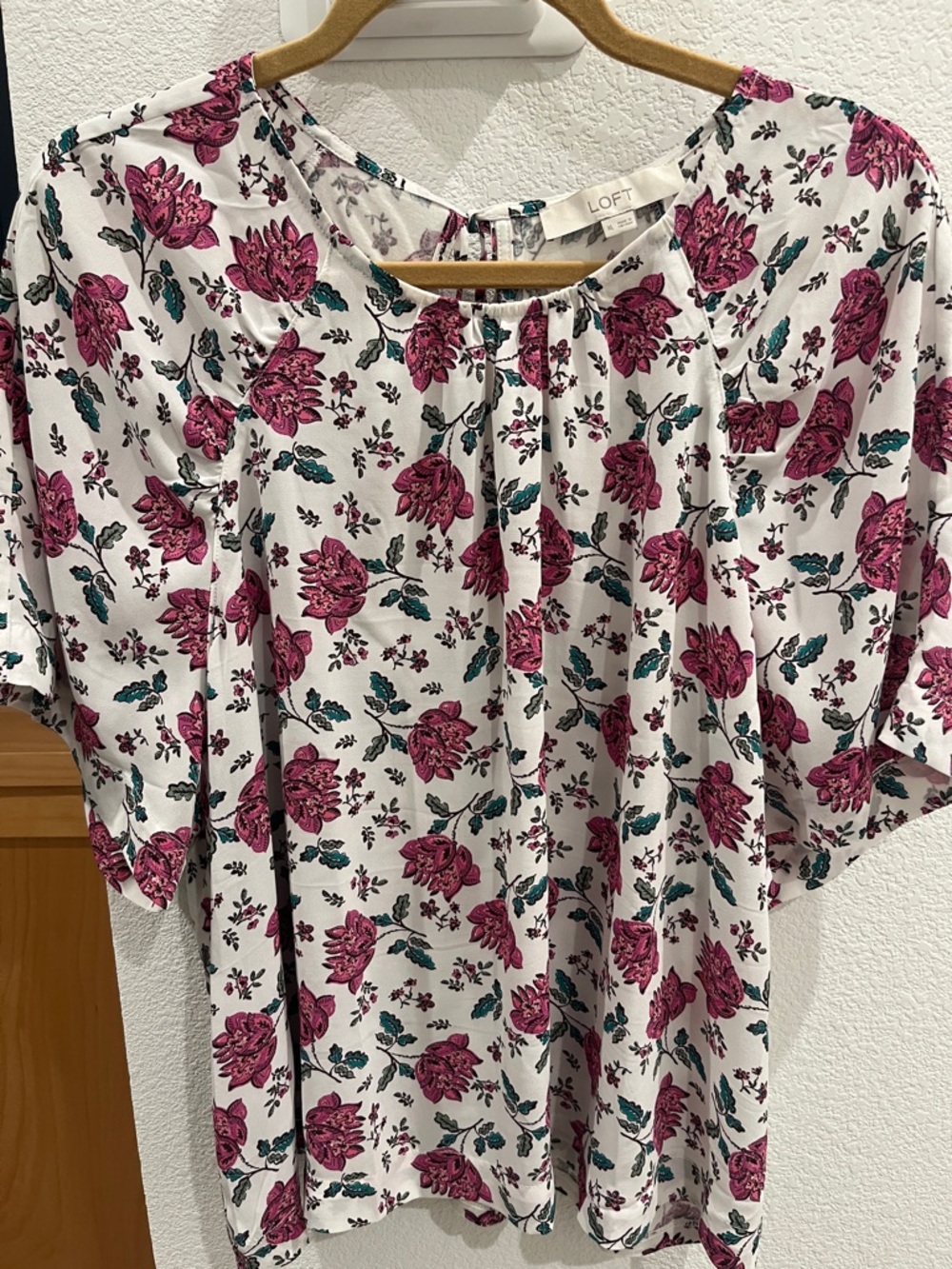 LOFT Mixed Media White Blouse with Pink Floral Print XL